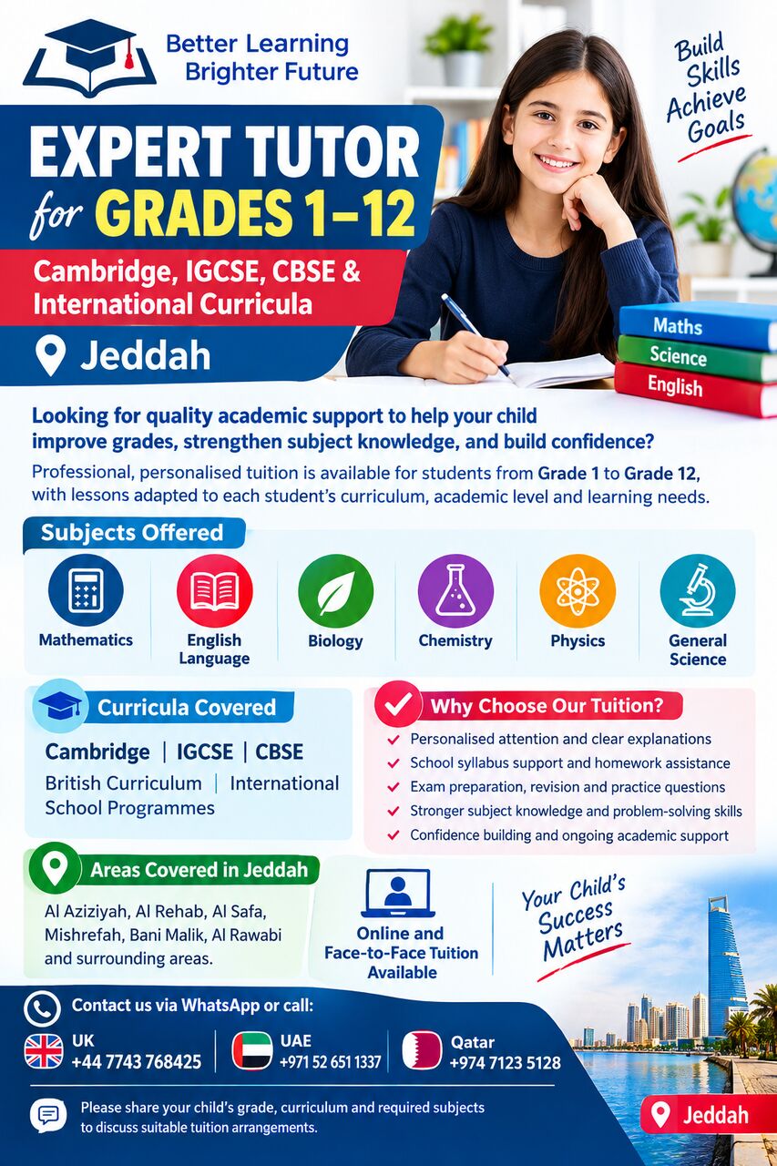 Al Aziziyah, Lessons Offered, Expert Tutor For Grades 1&ndash;12 | Cambridge, IGCSE, CBSE & International Curricula | Jeddah