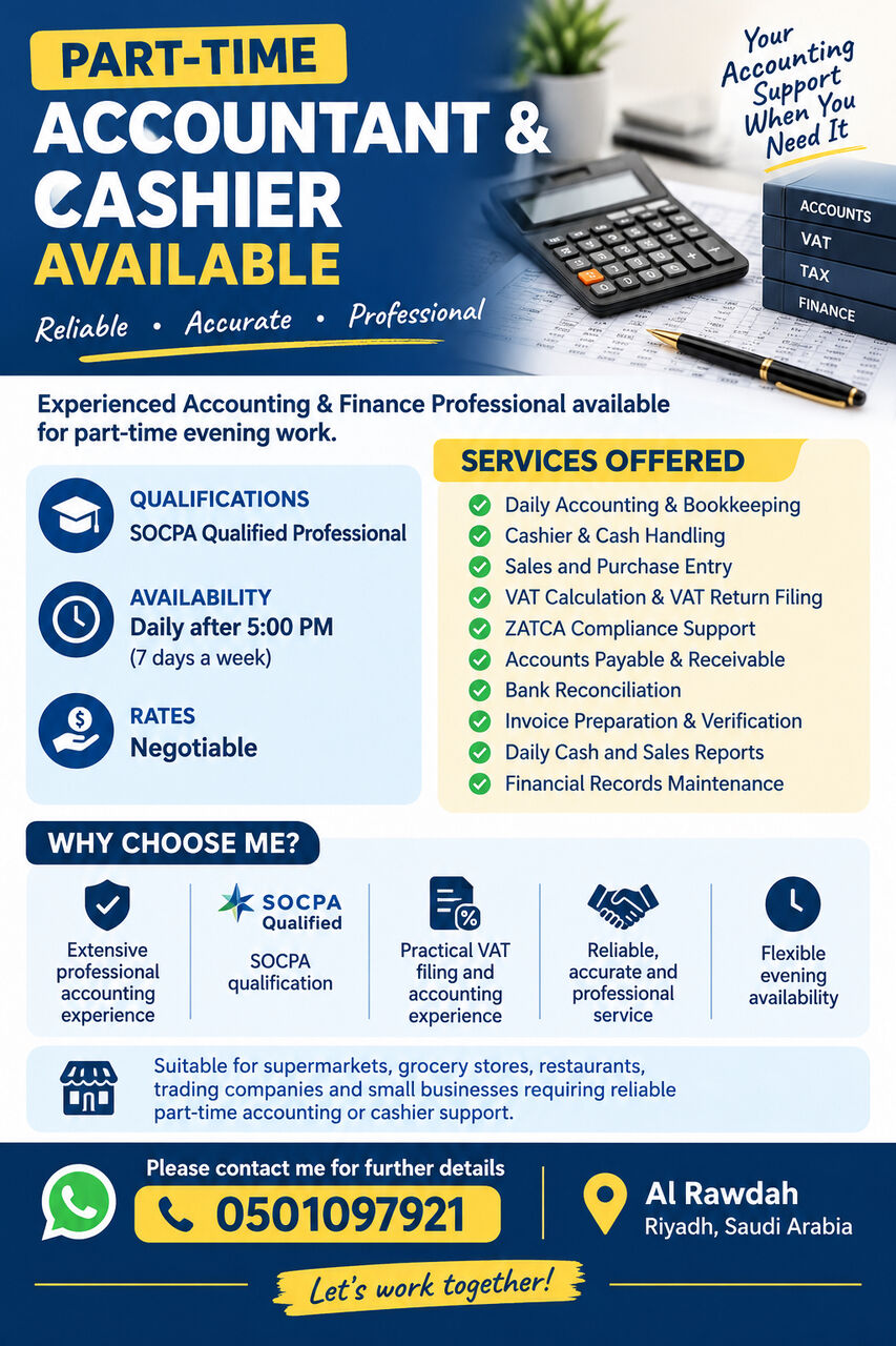 Riyadh, Job Seekers, 📢 PART-TIME ACCOUNTANT & CASHIER AVAILABLE – RIYADH