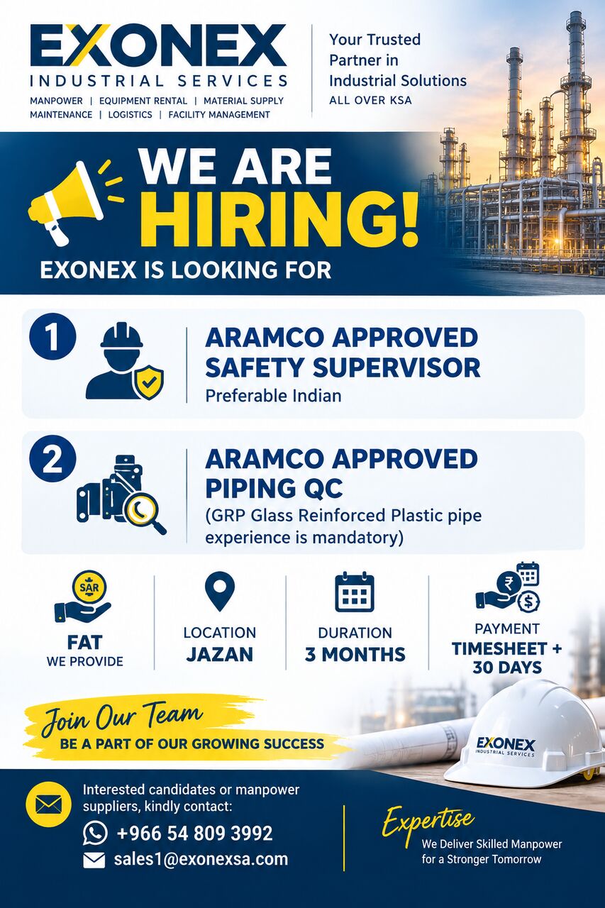 Yanbu, Jobs, Aramco Approved HSE Supervisor & QCI Piping GRP Experience ( JAZAN )