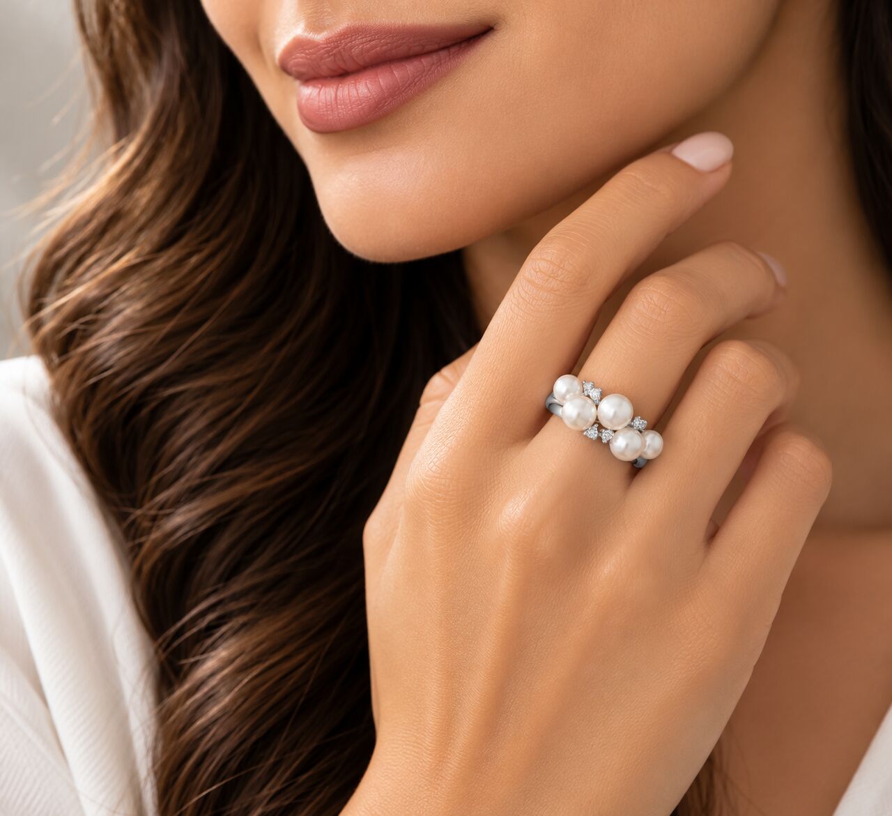 New York, Jewelry, USD 1080,  Platinum Akoya Baby Pearl Ring With Diamond Accents