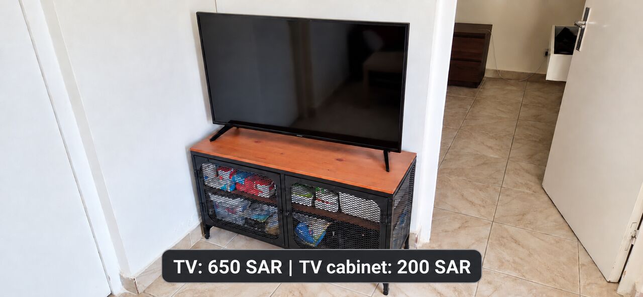 Al Marwah, Furniture, SAR 650200,  TV + Industrial-Style TV Cabinet – Available Separately | تلفزيون وطاولة تلفزيون بتصم