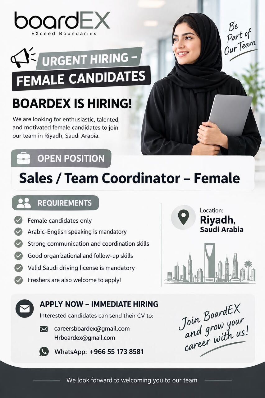 Riyadh, Jobs, Sales / Team Coordinator &ndash; Female