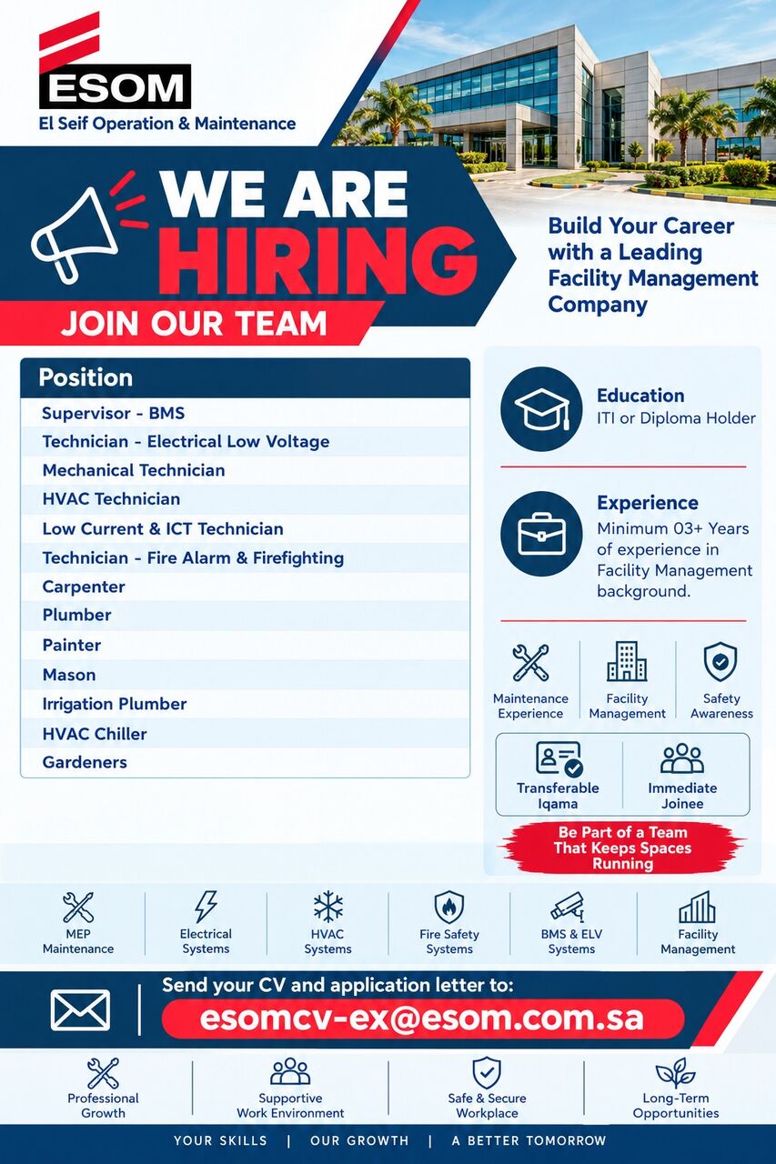 Riyadh, Jobs, 🚨 Urgent Hiring – Facility Management Industry 🚨
