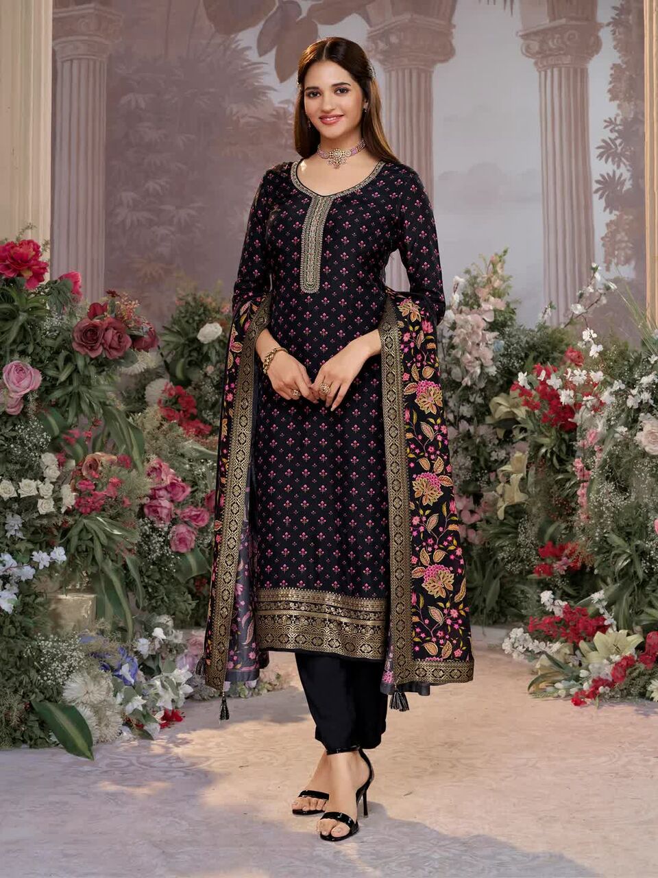 Ahmedabad, Clothing & Accessories, INR 3399,  Seerat Black Russian Silk Embroidered Kurta Set Online