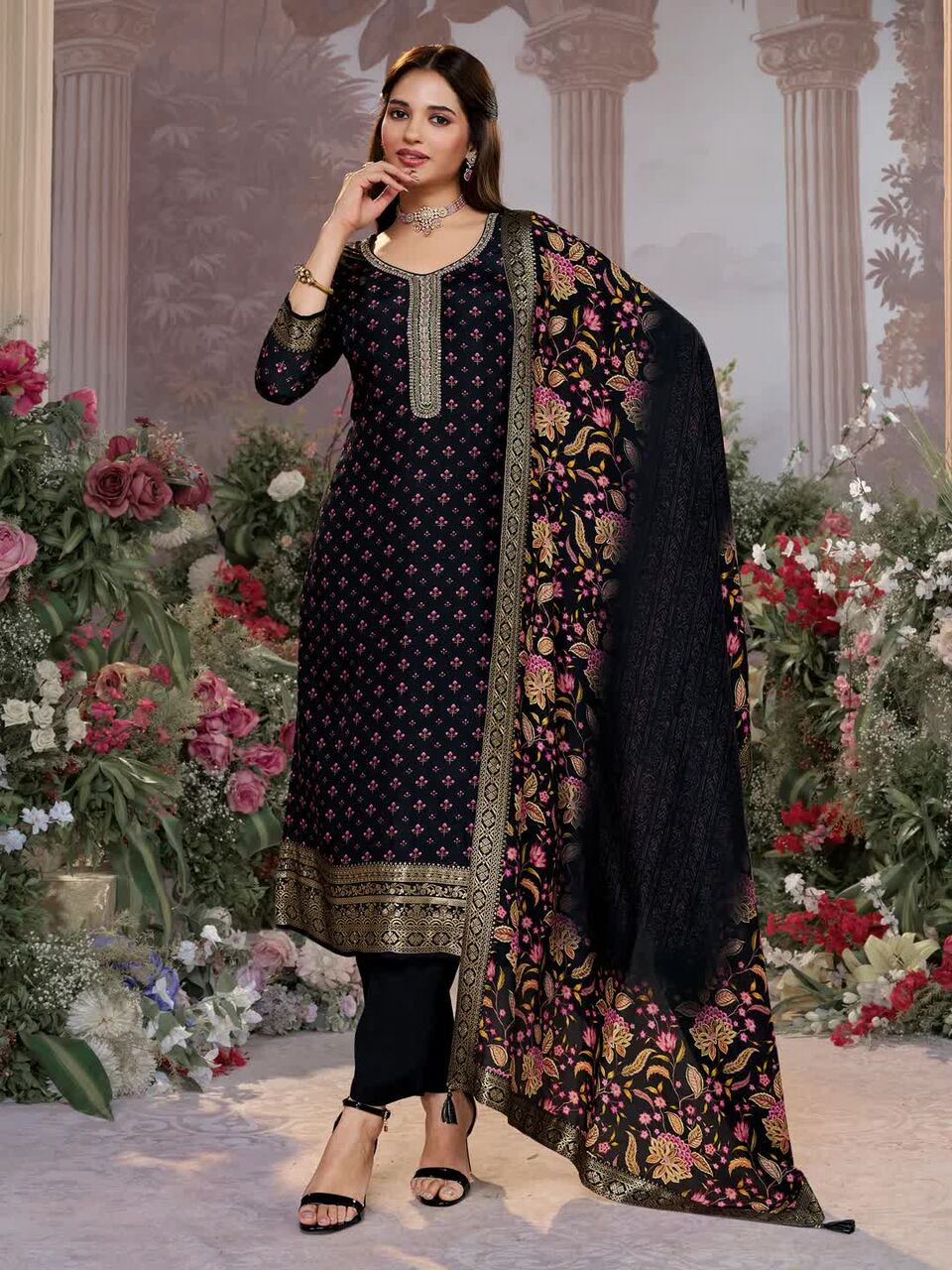 Ahmedabad, Clothing & Accessories, INR 3399,  Seerat Black Russian Silk Embroidered Kurta Set Online