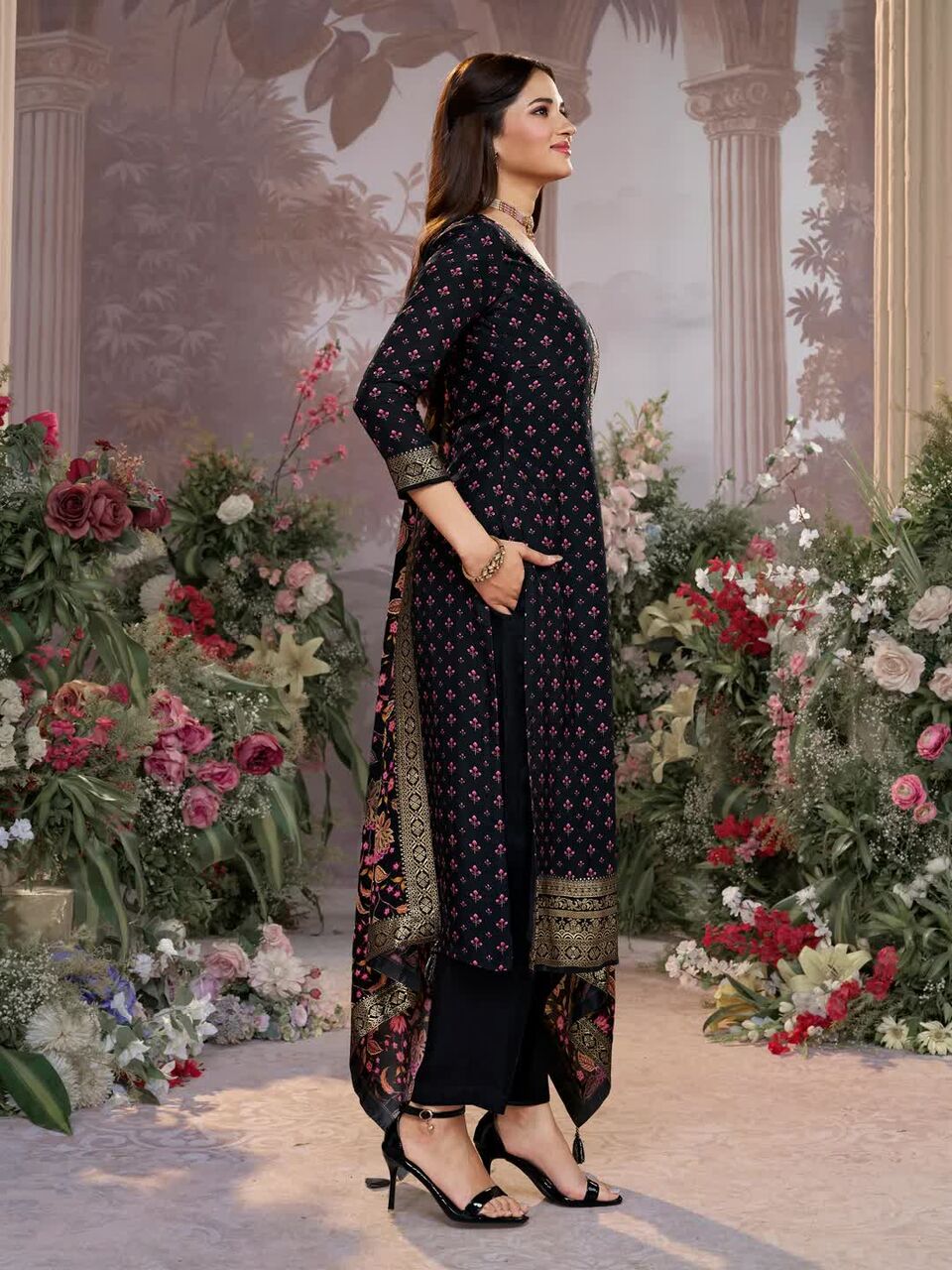 Ahmedabad, Clothing & Accessories, INR 3399,  Seerat Black Russian Silk Embroidered Kurta Set Online