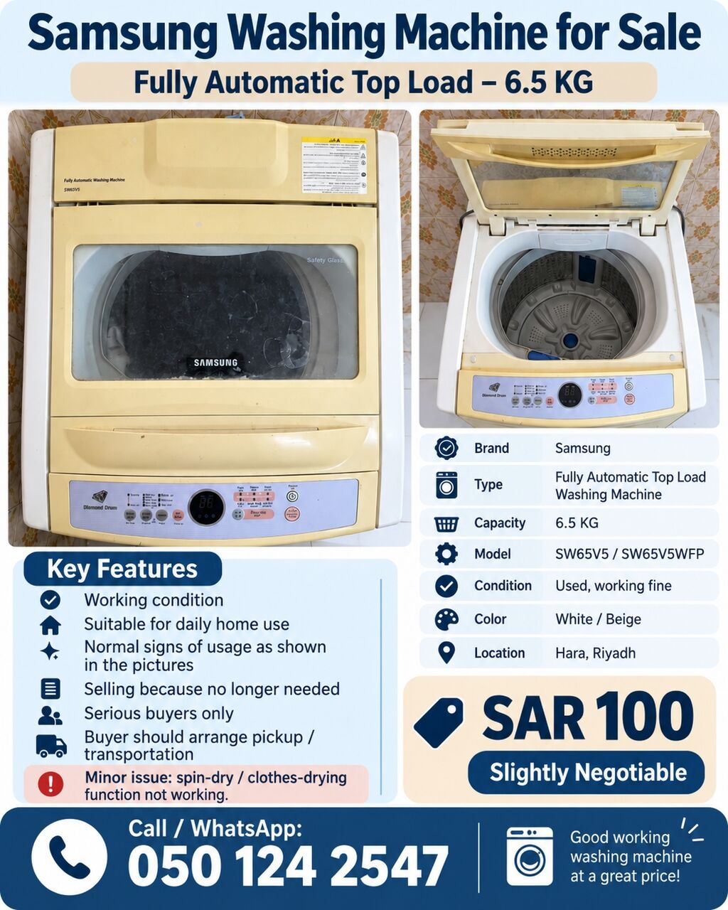 Hara, Appliances, SAR 100,  Samsung Fully Automatic Washing Machine 6.5 KG For Sale &ndash; SAR 100