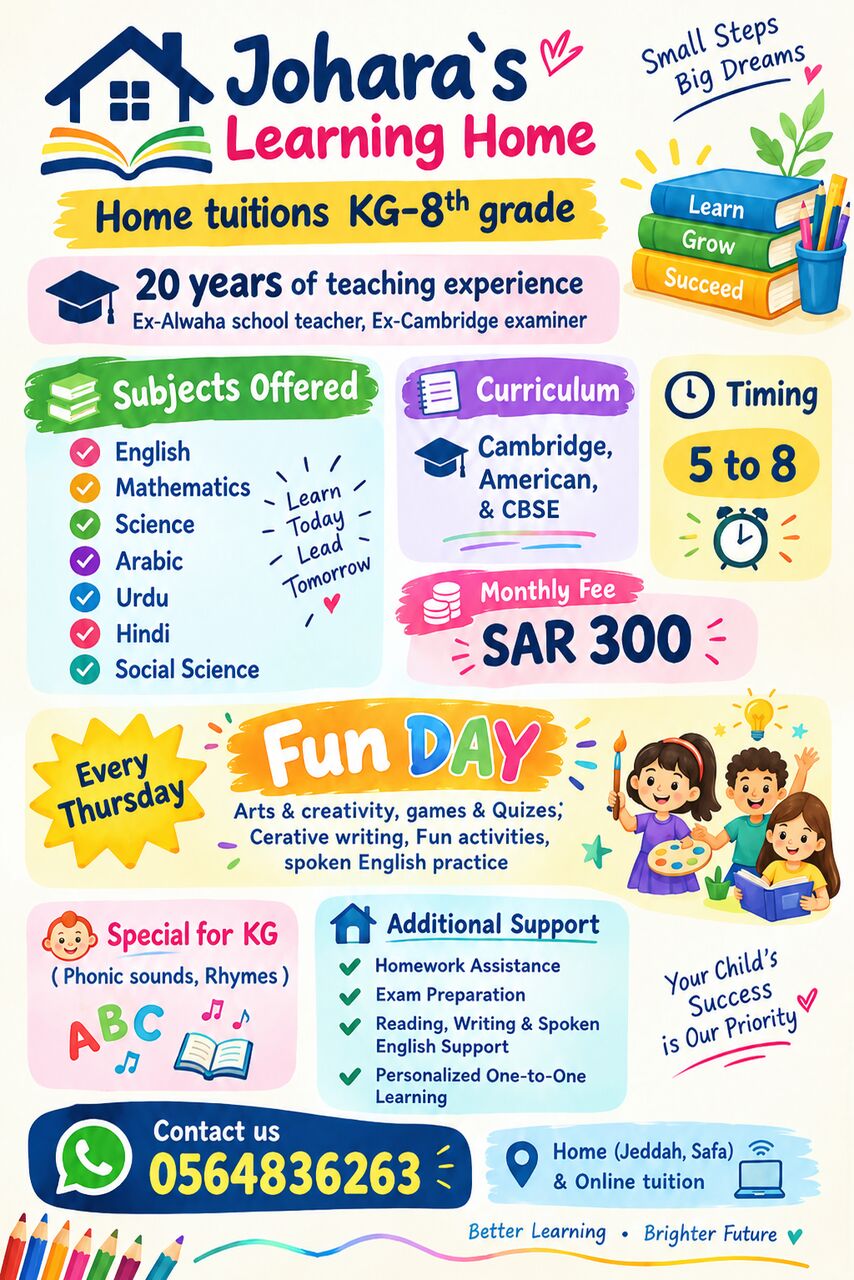 Riyadh, Lessons Offered, Home Tuitions KG - 8th Grade