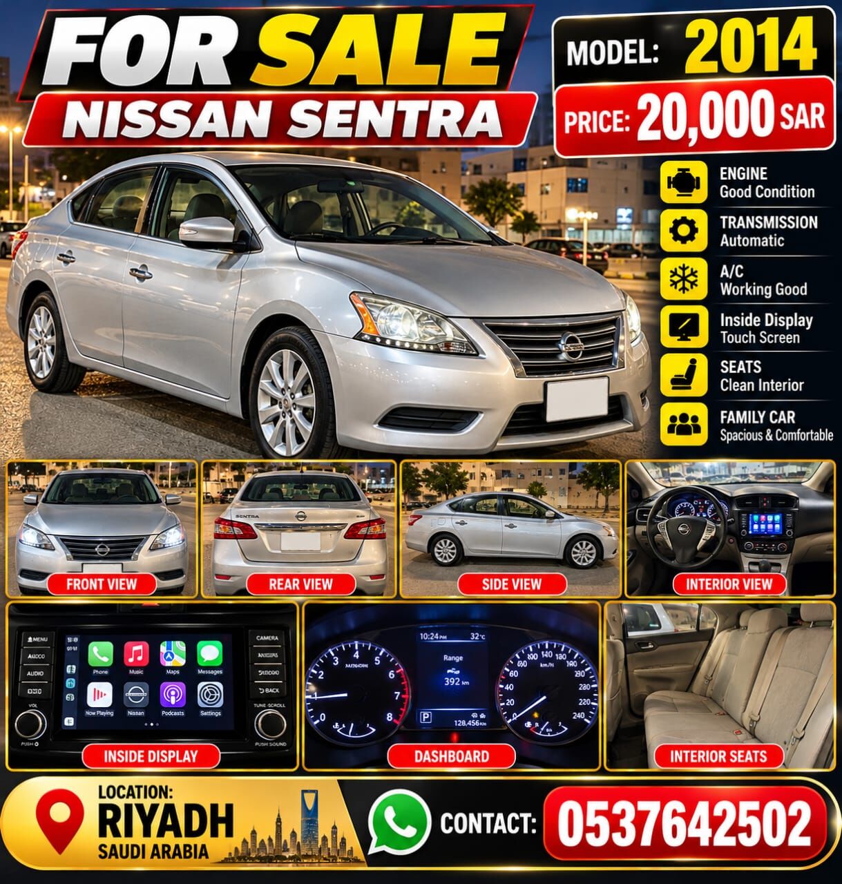 Riyadh, Vehicles, Cars & Trucks , SAR 20000,  Nissan Sentra SV,  2014,  Automatic,  485525 KM,