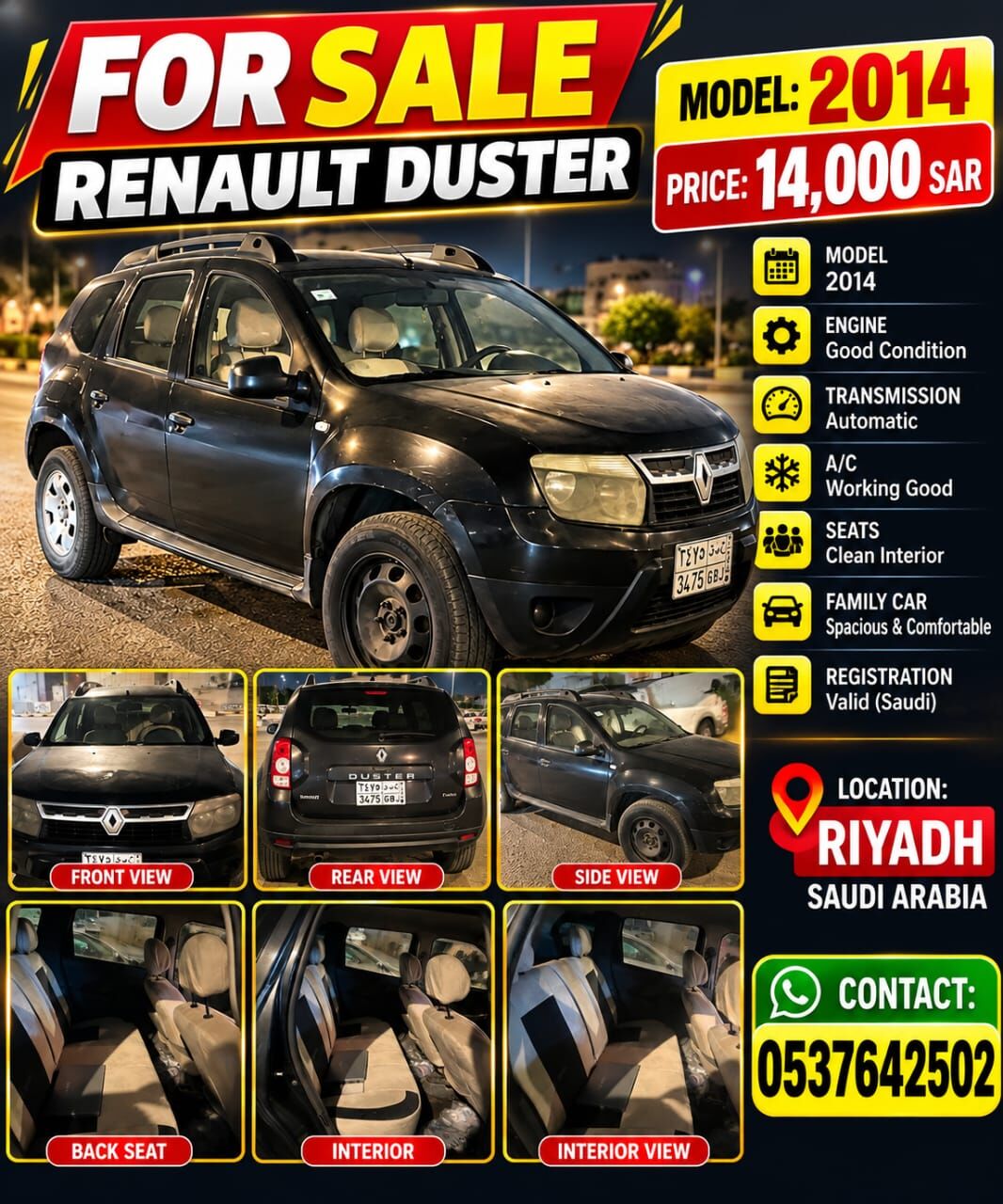 Riyadh, Vehicles, Cars & Trucks , SAR 14000,  RENAULT DUSTER,  2014,  Automatic,  420000 KM,