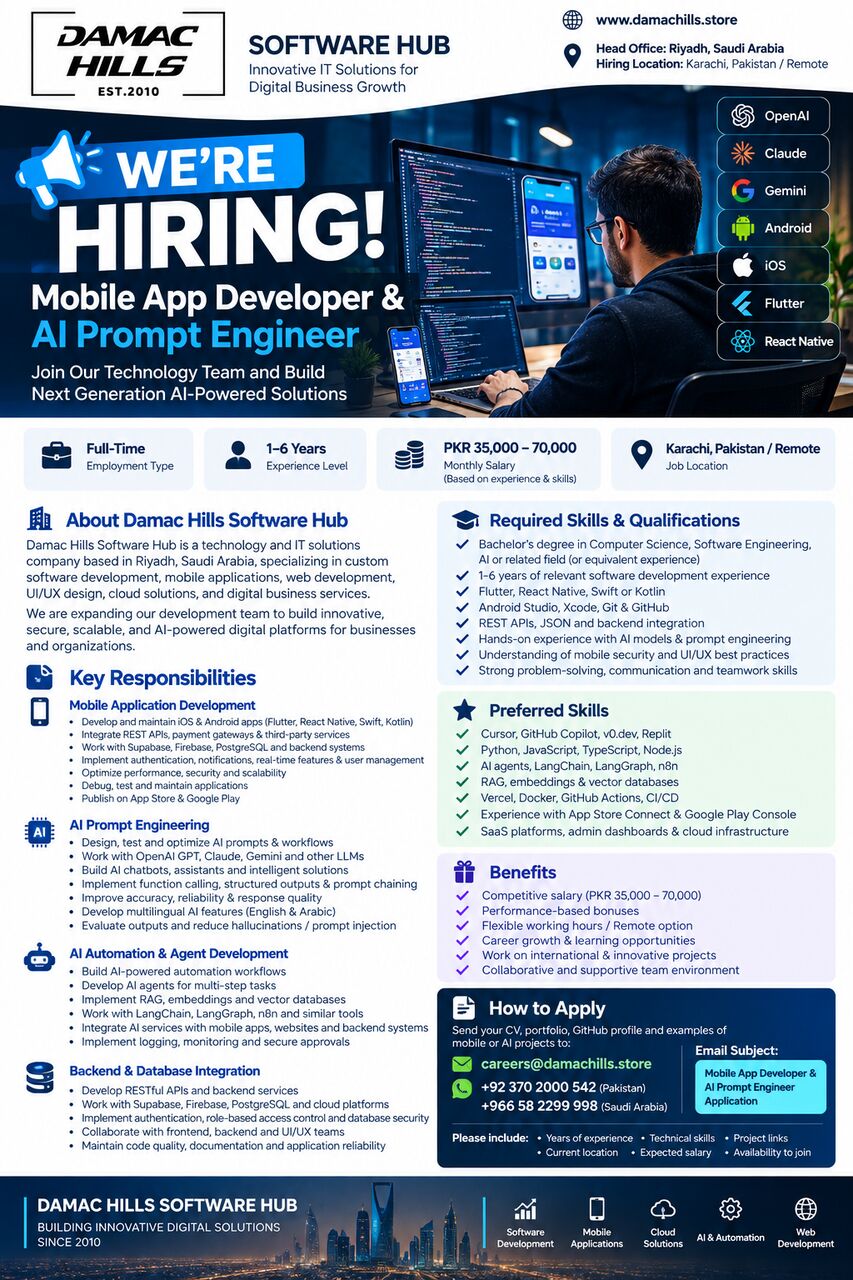Riyadh, Jobs, Urgent Hiring: Mobile App Developer & AI Prompt Engineer | Damac Hills Softwa