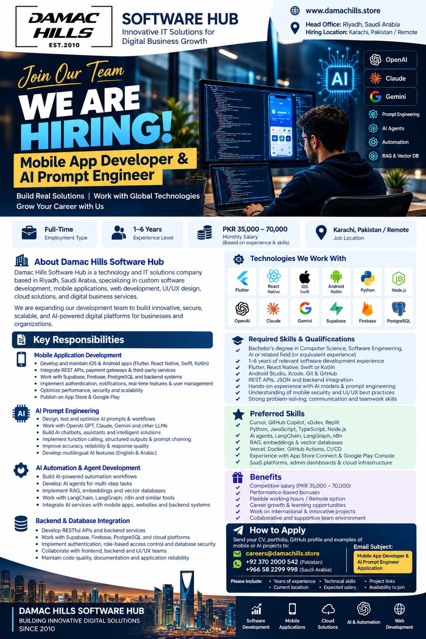 Riyadh, Jobs, Urgent Hiring: Mobile App Developer & AI Prompt Engineer | Damac Hills Softwa