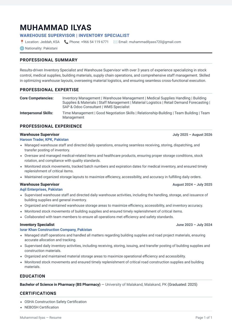 Jeddah, Job Seekers, Warehouse Supervisor,inventory Specialist