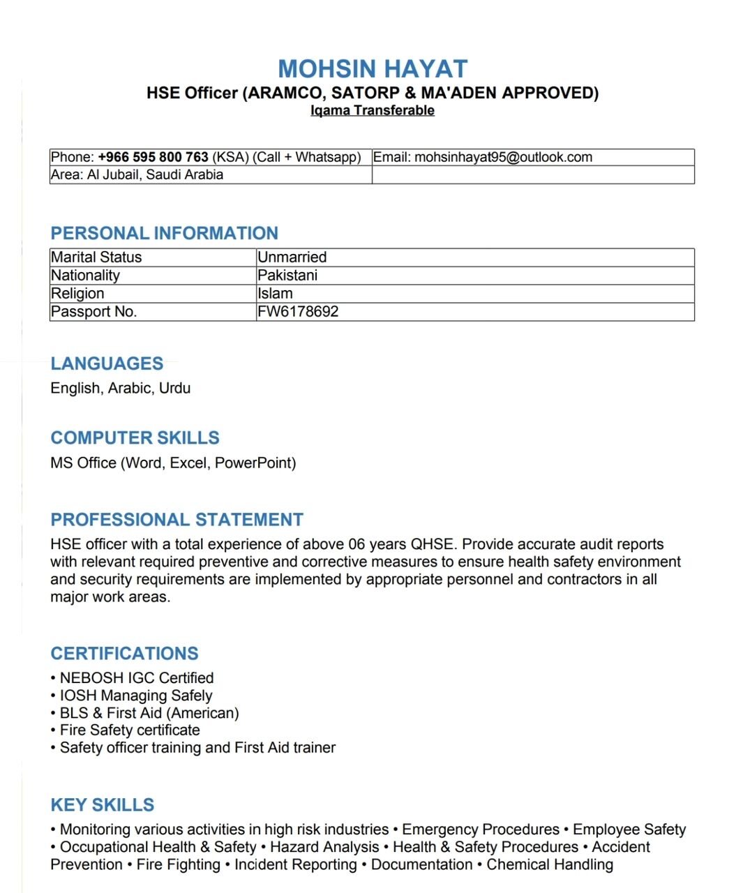 Riyadh, Job Seekers, Safety Officer (Aramco,Satorp & Maaden) Approved