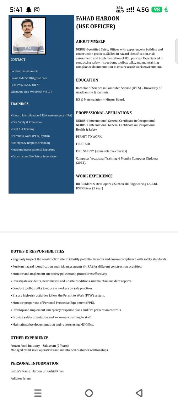 Riyadh, Job Seekers, I Am. Looking For Safety Officer Job