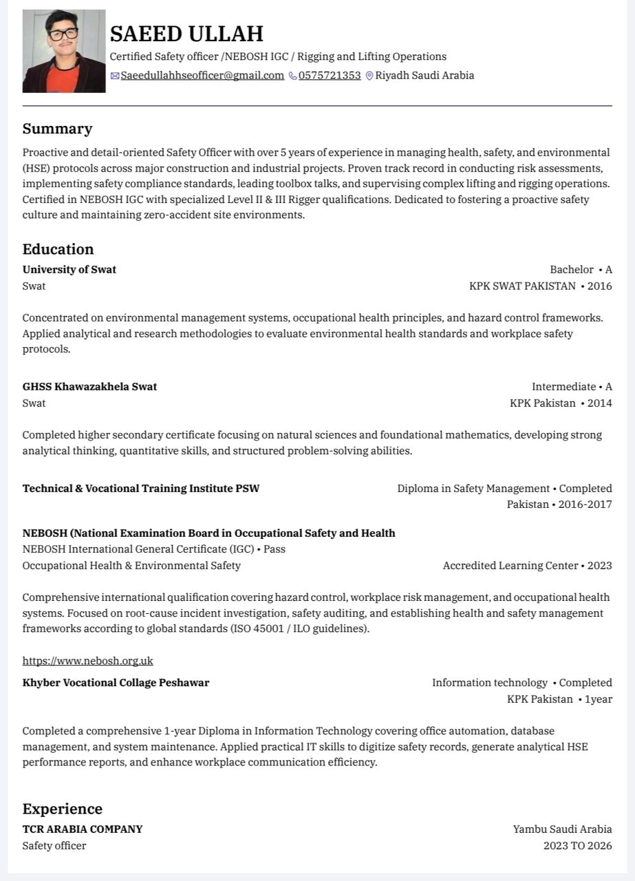 Riyadh, Job Seekers, Experienced Safety Officer - 7 Years Experience In Saudi Arabia - Available In Riyadh