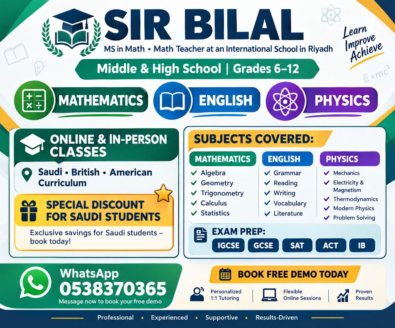 Riyadh, Lessons Offered, Tuition In Riyadh KSA For Higher Classes(Physics Maths And English))