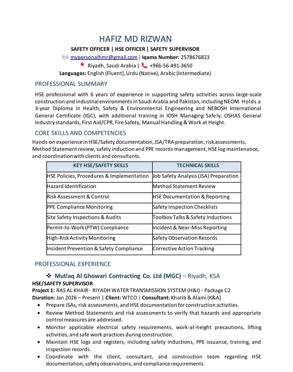 Riyadh, Job Seekers, JOB Seeker &ndash; HSE OFFICER / SAFETY OFFICER / HSE SUPERVISOR
