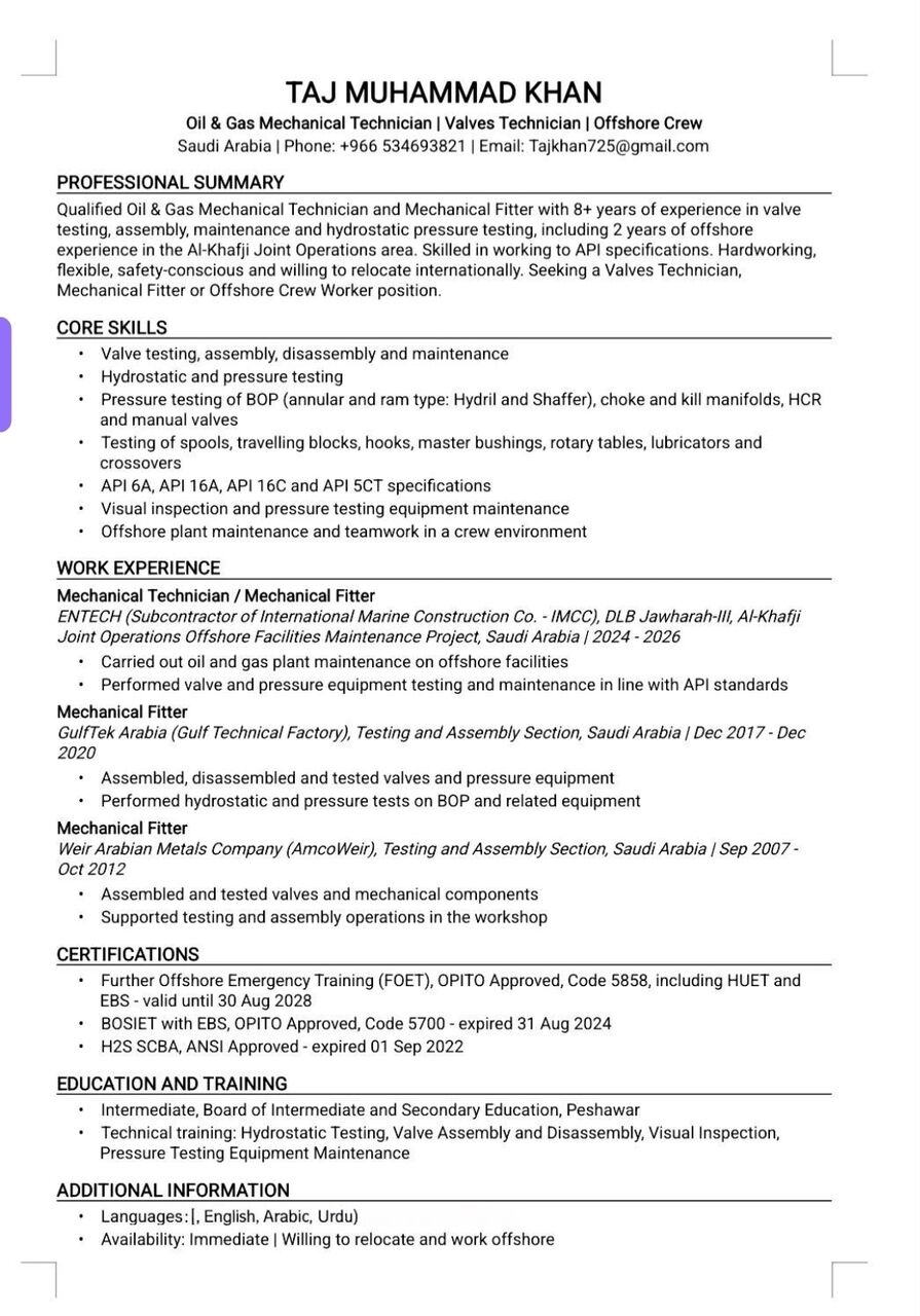 Dammam, Job Seekers, Mechanical Technician, Mechanical Fitters, Hydrotesting Technicians