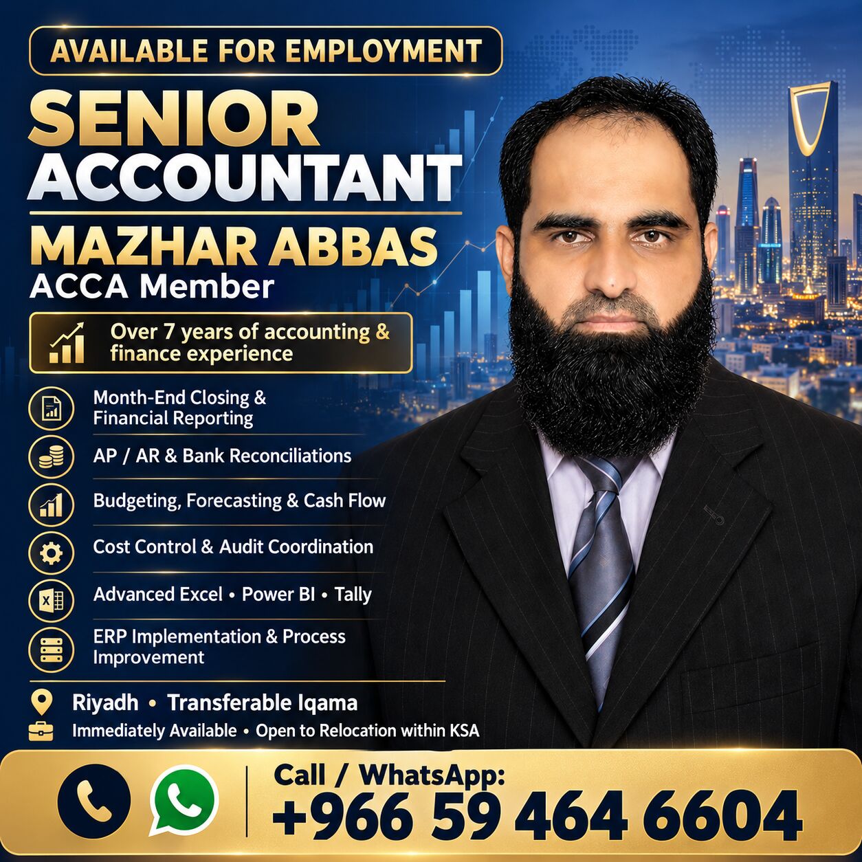 Makkah, Job Seekers, SENIOR ACCOUNTANT AVAILABLE | ACCA MEMBER | RIYADH