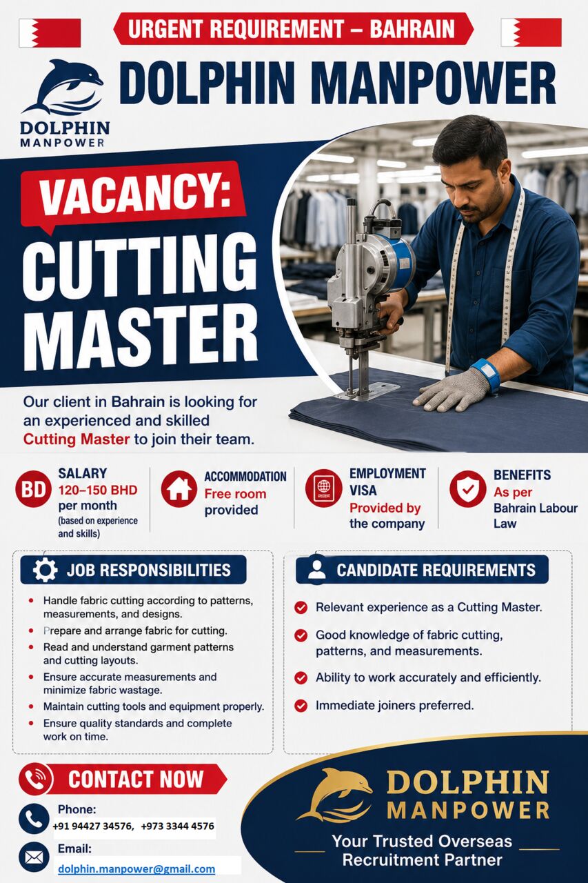 Jidhafs, Jobs, URGENT REQUIREMENT &ndash;  CUTTING MASTER