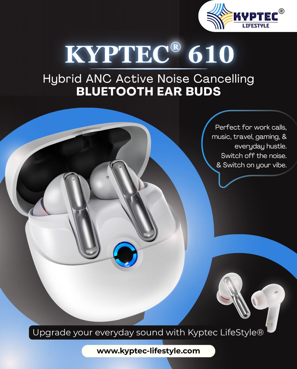 New Delhi, Electronics, INR 1,  Kyptec LifeStyle&reg; 610 Hybrid ANC Earbuds For Focused Listening, Six-Mic Calls & Everyday M