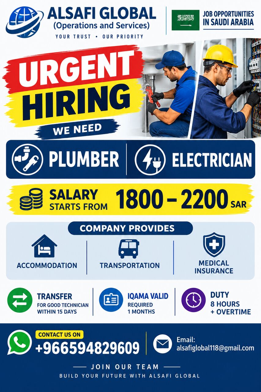 Riyadh, Cleaning, Immediately Urgent Hiring Plumber And Electrician