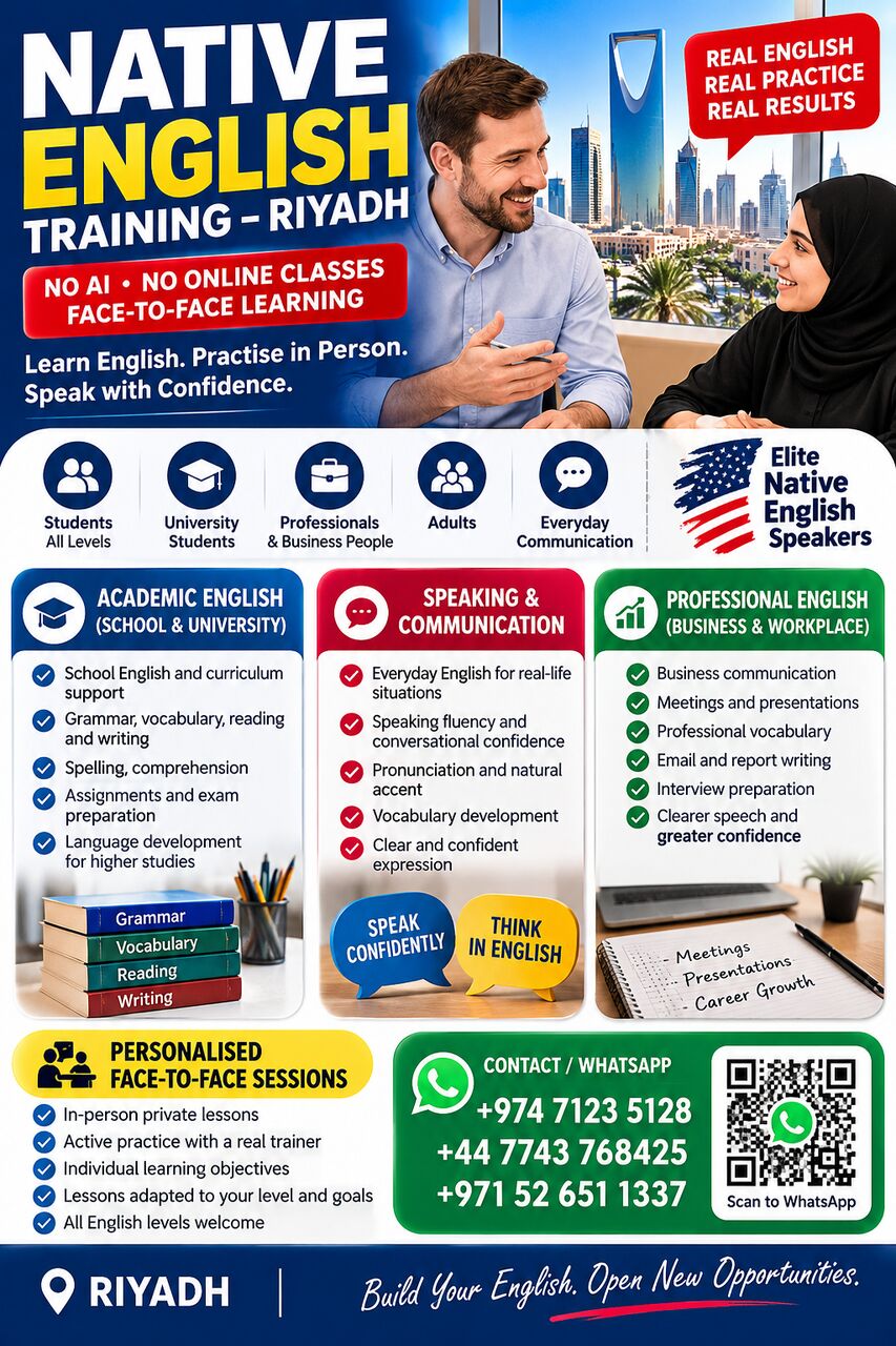 Riyadh, Lessons Wanted, ENGLISH &ndash; NO AI, NO ONLINE CLASSES &ndash; Face-to-Face Native English Training | Riyadh