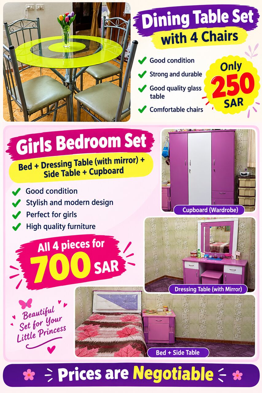 Al Malaz, Furniture, SAR 250,  Bedroom Set For Girls And Dining Table Set