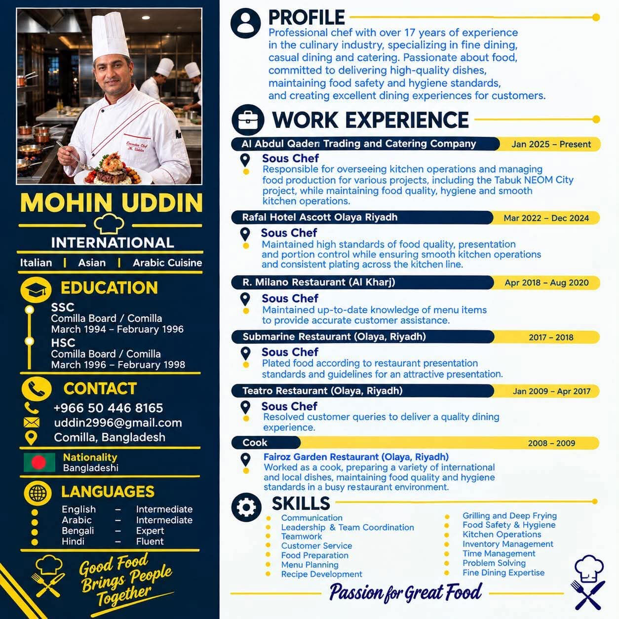 Riyadh, Job Seekers, Experienced Chef Seeking New Opportunities