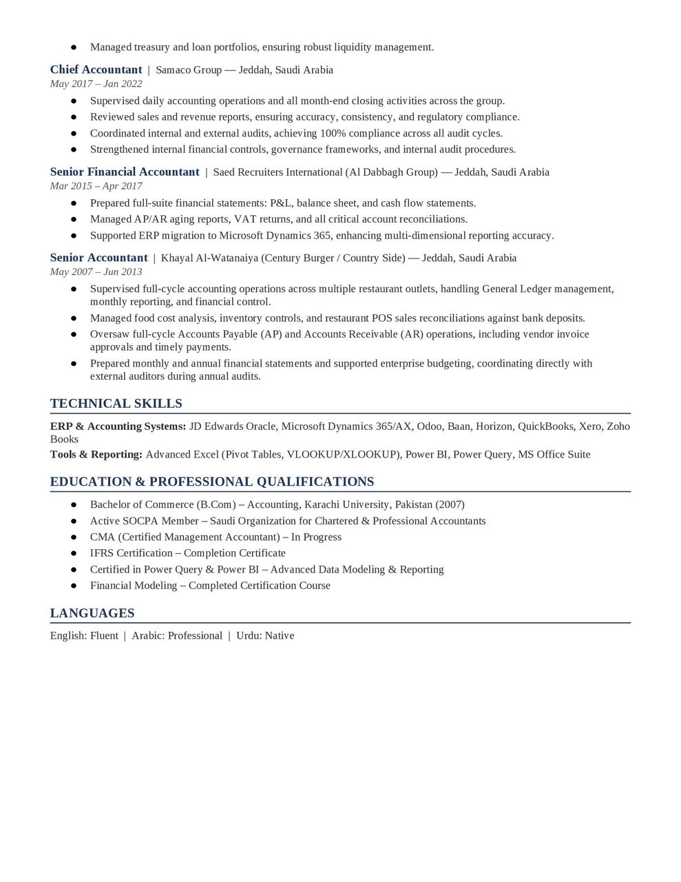 Riyadh, Job Seekers, SOCPA Chief Accountant - Transferable Iqama