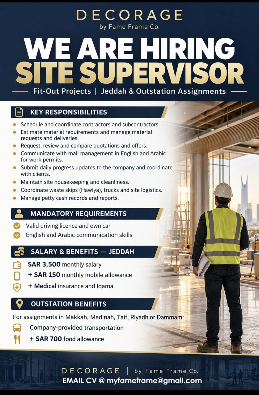 Jeddah, Jobs, Site Supervisor