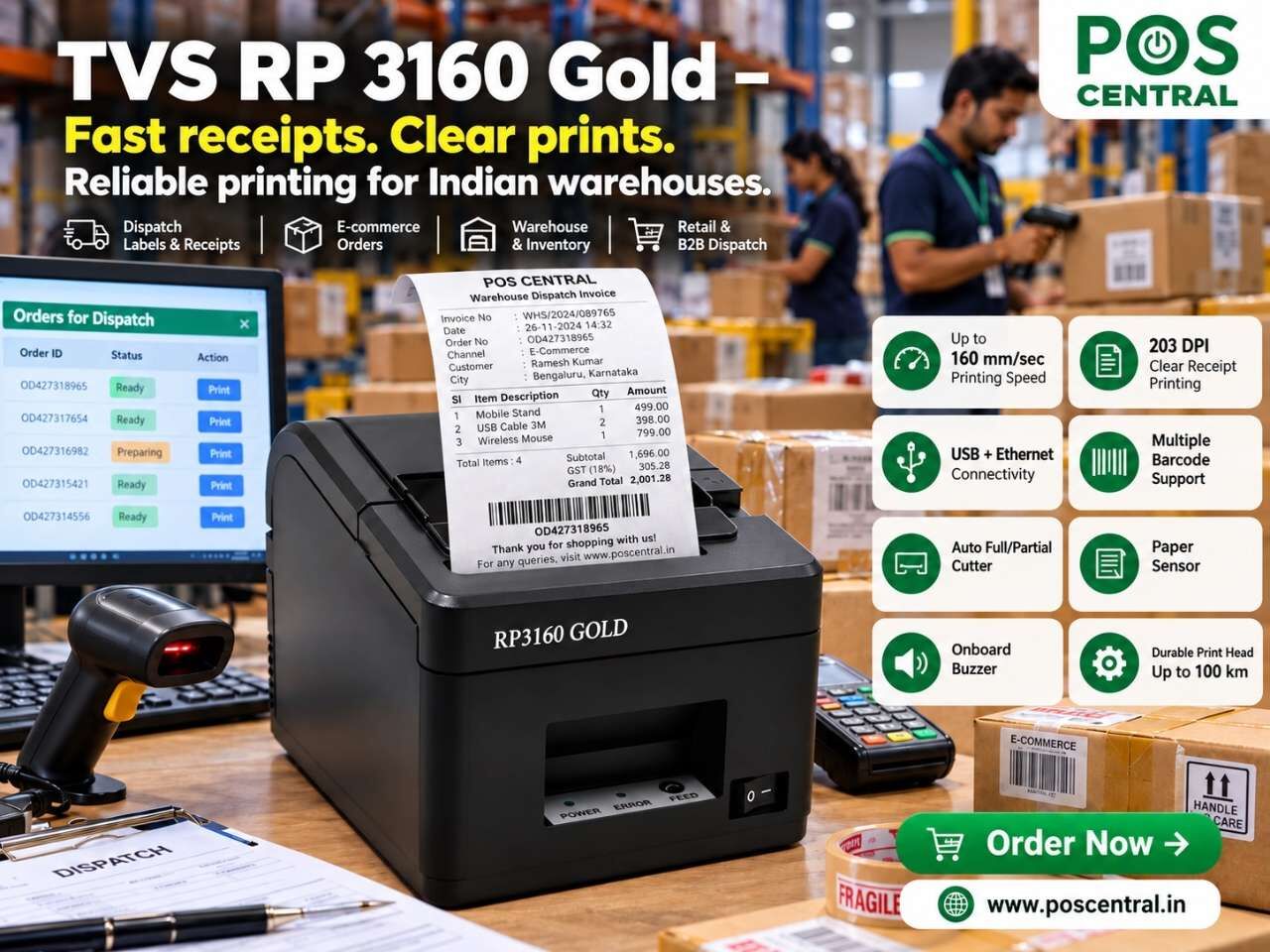 Noida, Computers, INR 9199,  TVS RP 3160 Gold Thermal Receipt Printer With USB And Ethernet In India