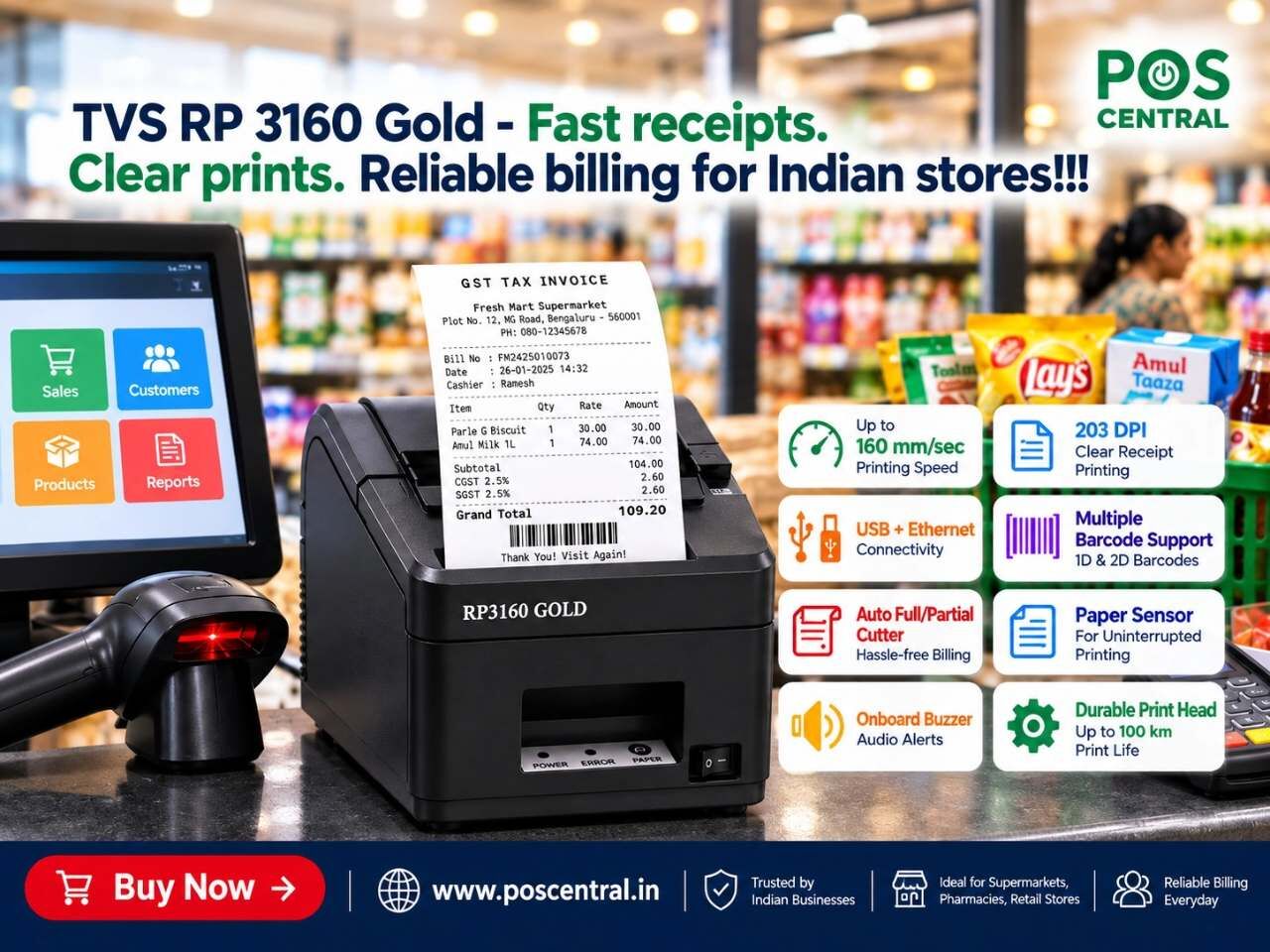Noida, Computers, INR 9199,  TVS RP 3160 Gold Thermal Receipt Printer With USB And Ethernet In India