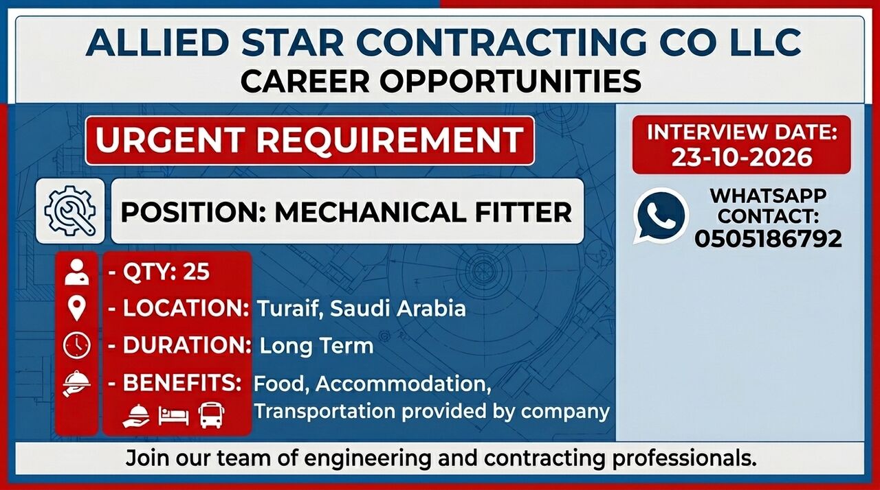 Riyadh, Jobs, 📢 URGENT REQUIREMENT MECHANICAL FITTER — MANPOWER SUPPLY