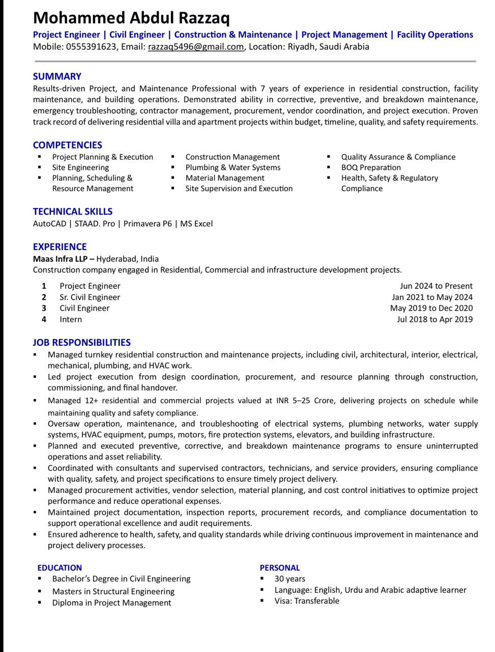 Riyadh, Job Seekers, Project Engineer | Civil Engineer | Construction & Maintenance | Project Management