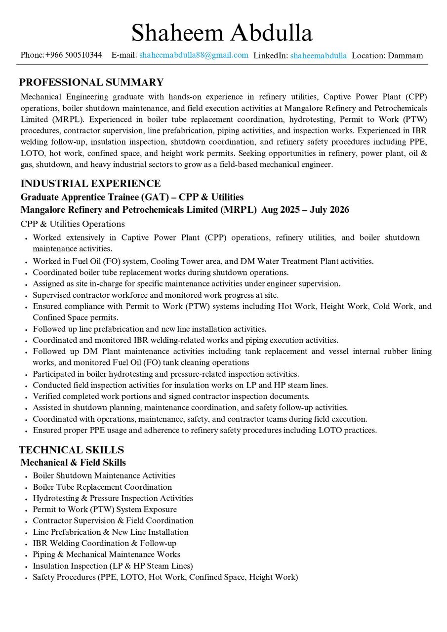 Dammam, Job Seekers, Mechanical Engineer | Refinery Maintenance | Oil & Gas