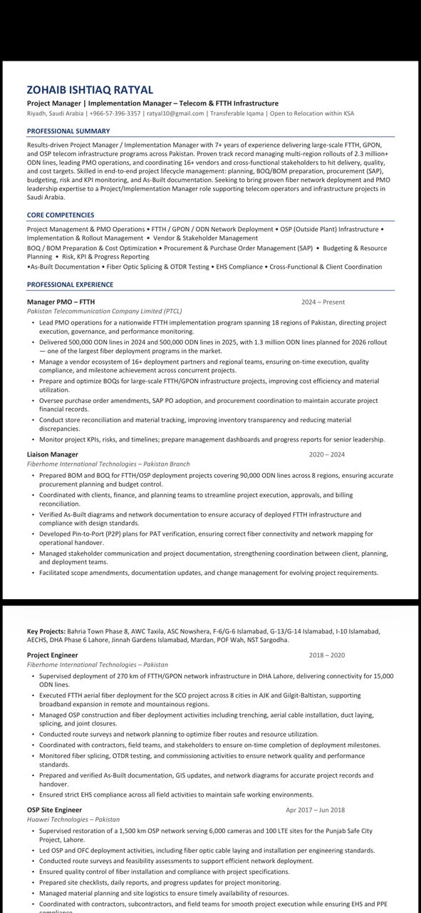 Riyadh, Job Seekers, Experienced Telecom Project Manager | FTTH | PMO | Electrical Engineer | Valid Iqama