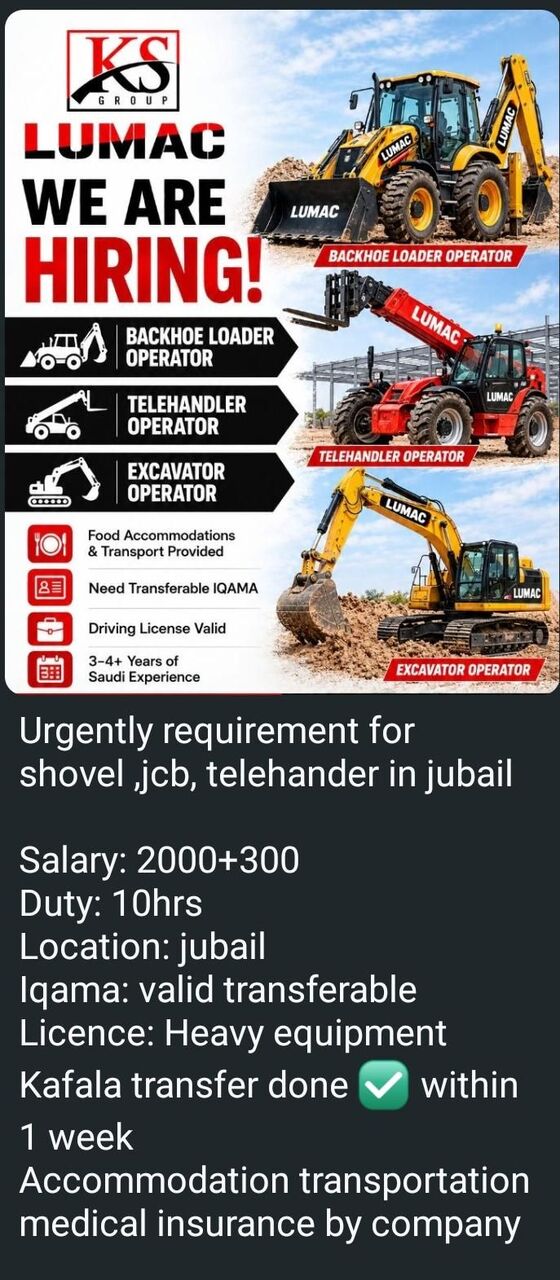 Riyadh, Jobs, Back Hold Load Operator, Telehandler Operator, Excavator Operator