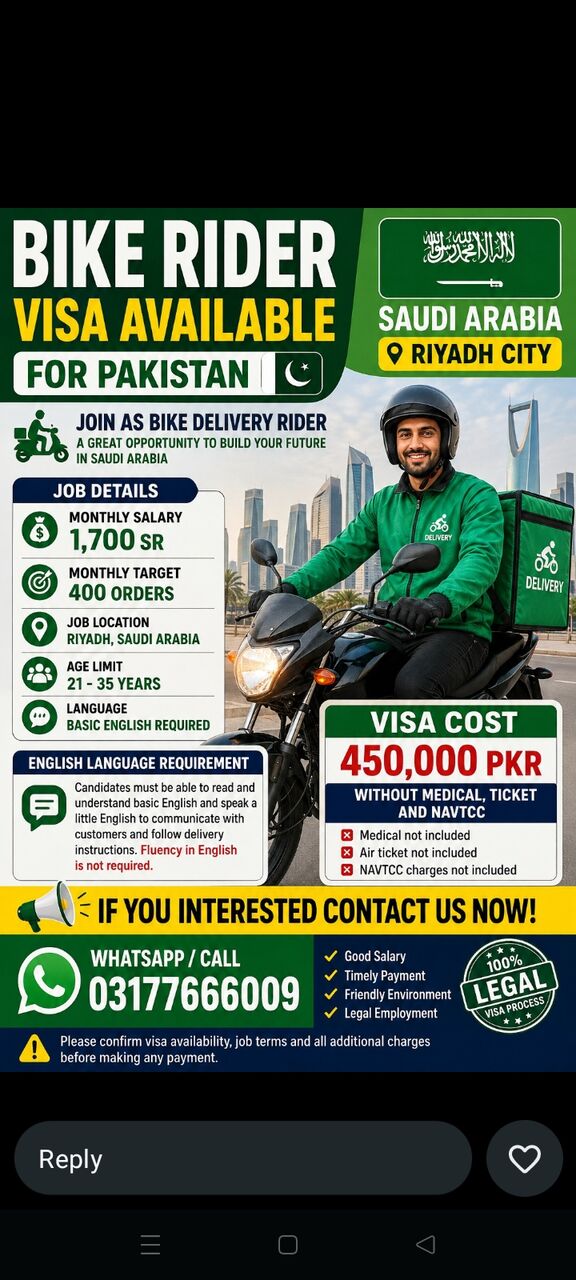Riyadh, Food Delivery, Urgent Hiring Pakistani Visit Process