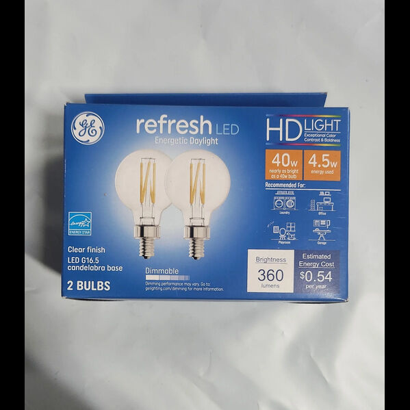 New York, Electronics, USD 29,  GE Refresh LED 40W G16.5 Chandelier Bulb 5000K 2-Pack