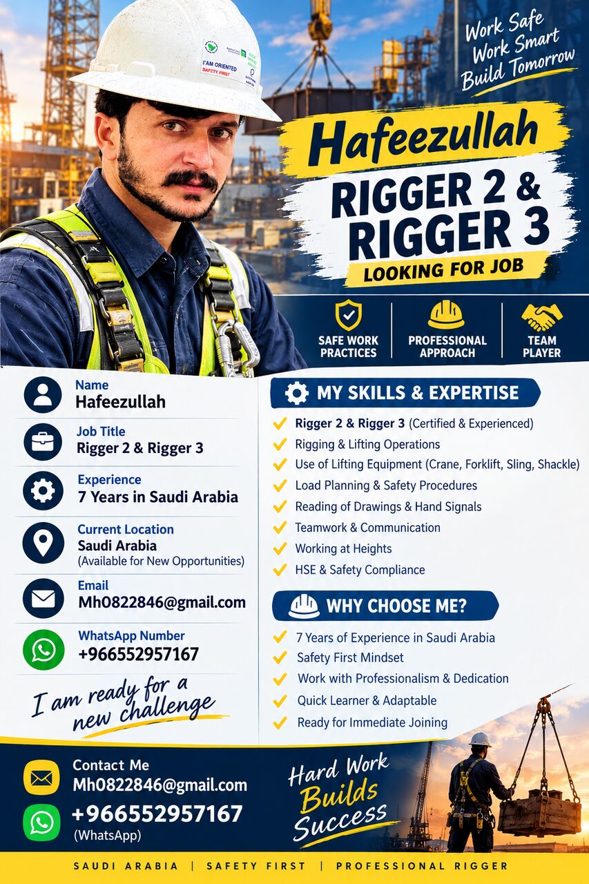Riyadh, Job Seekers, Experienced Rigger Level II & Rigger Level EAvailable For Work In Saudi Arabia