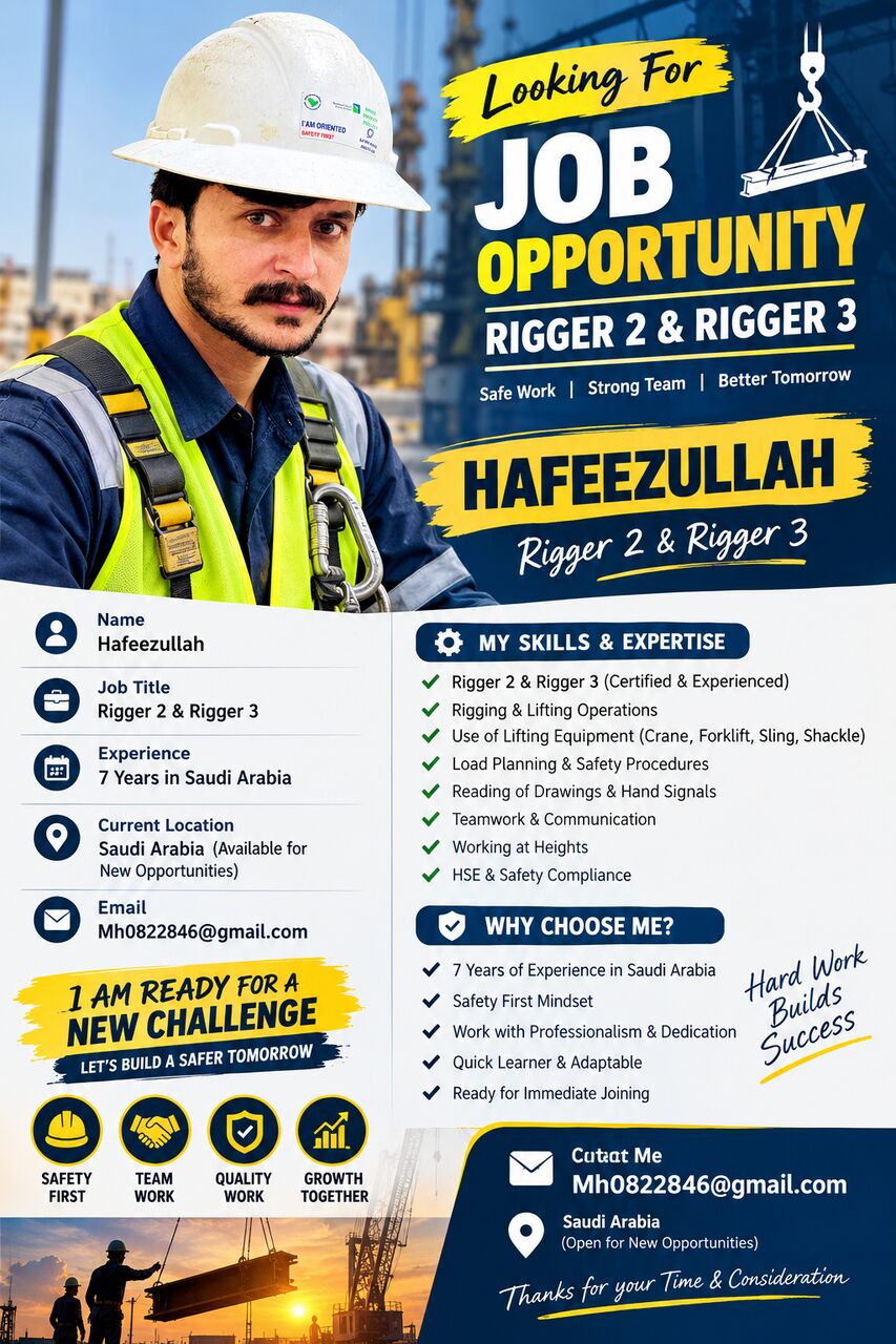 Riyadh, Job Seekers, Experienced Rigger Level II & Rigger Level EAvailable For Work In Saudi Arabia
