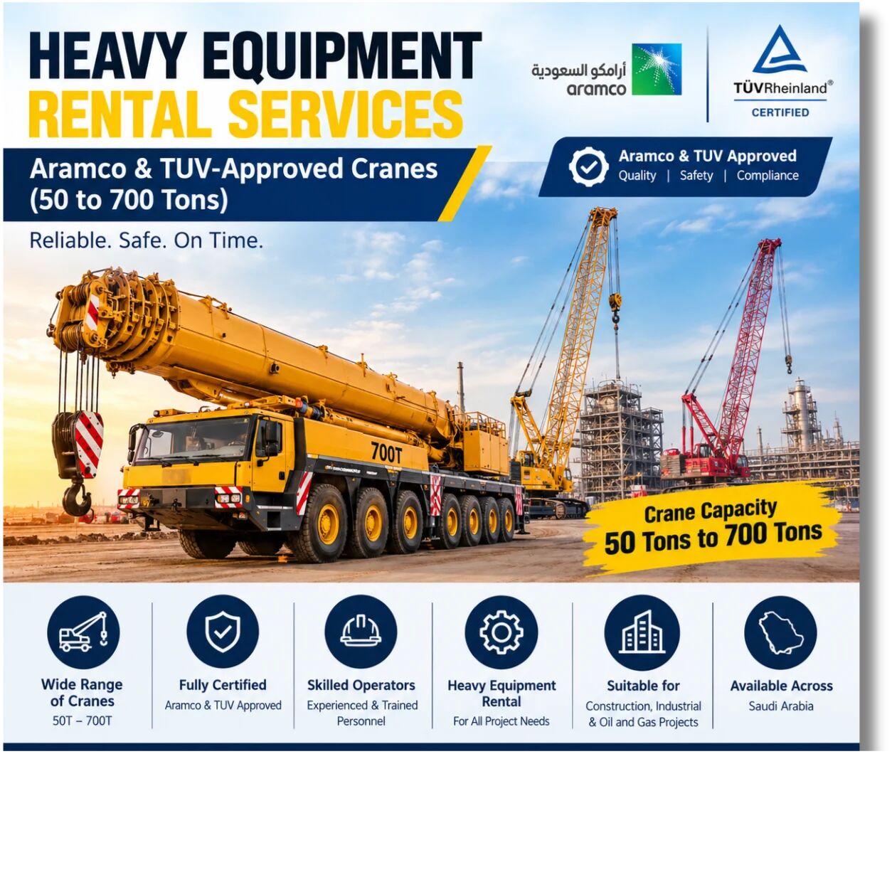Yanbu, Heavy Equipment, Heavy Equipment Rental Services Offering Aramco And TUV-approved Cranes Ranging From 50 To