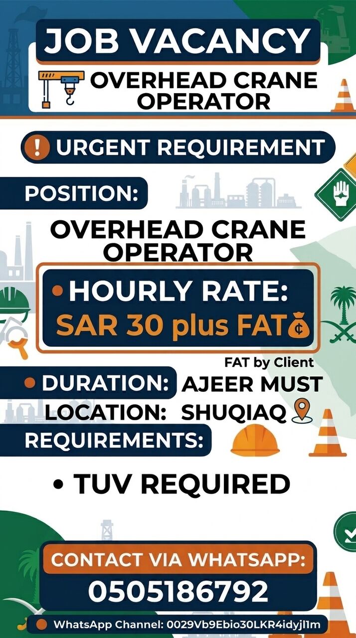 Riyadh, Jobs, 🚨 URGENT REQUIREMENT – OVERHEAD CRANE OPERATOR 🚨