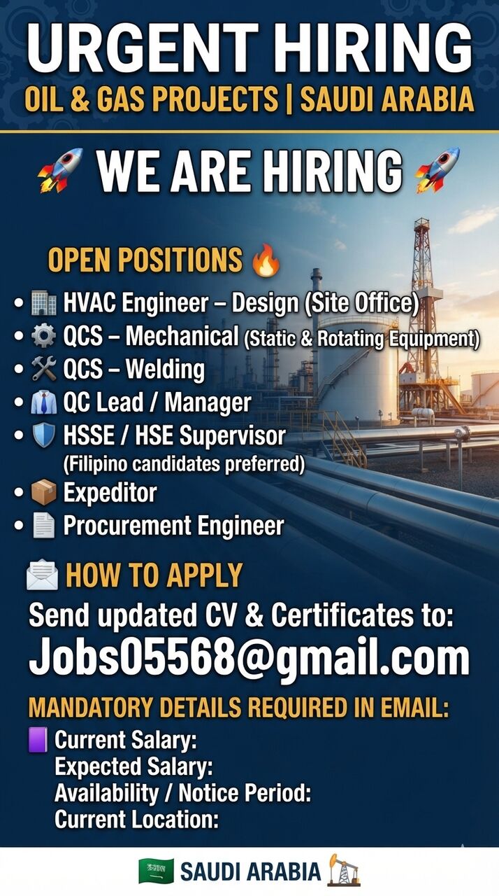 Riyadh, Jobs, URGENT HIRING: Oil & Gas Projects - Site Engineering Team (Saudi Arabia)