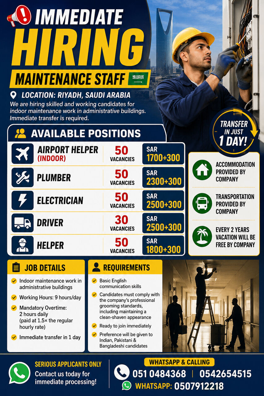 Riyadh, Jobs, 🚨IMMEDIATE HIRING – Maintenance Staff 🇸🇦