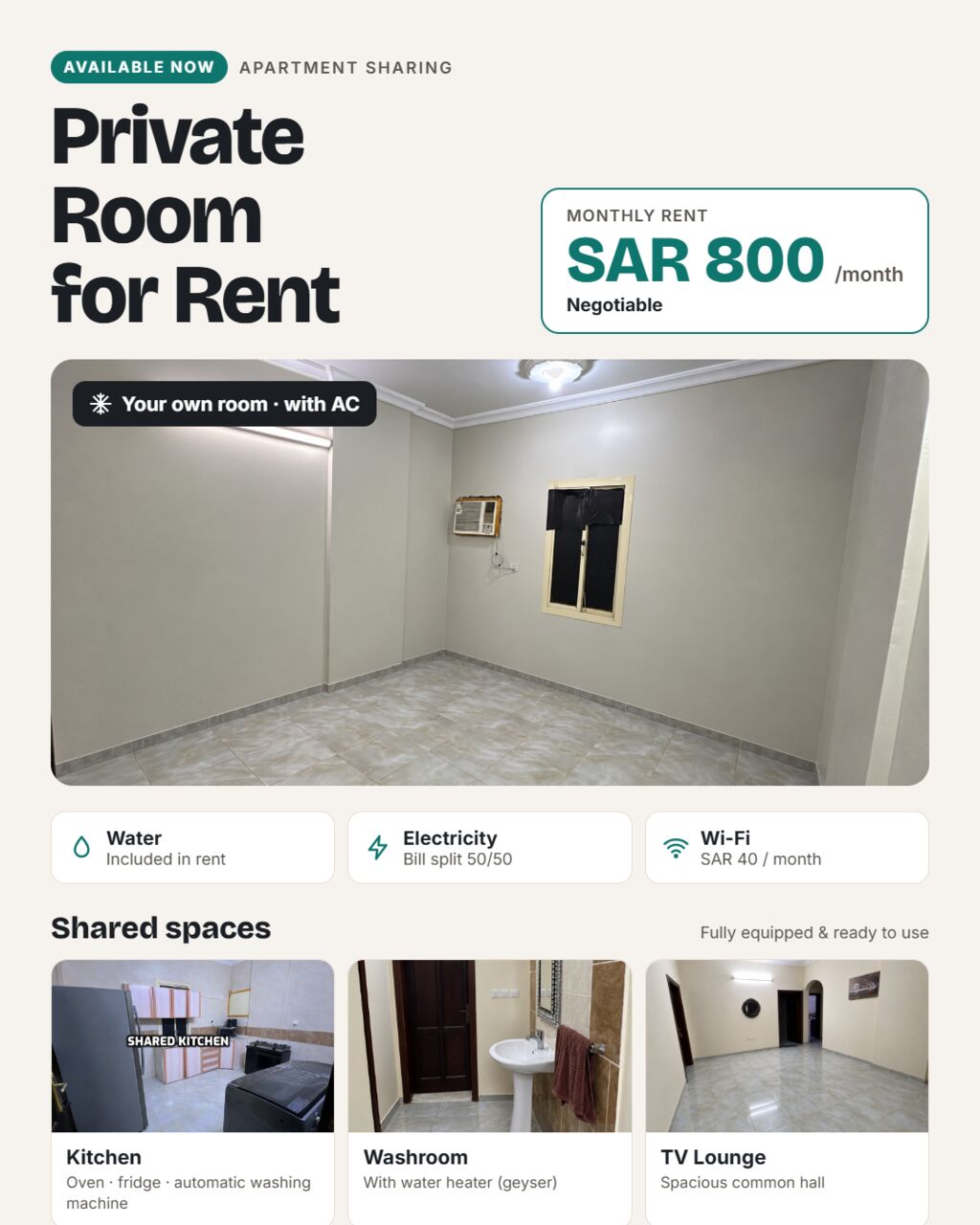 Rabigh, Rooms for Rent, SAR 800/month,  🏠 PRIVATE ROOM AVAILABLE – SAR 800/MONTH (NEGOTIABLE)