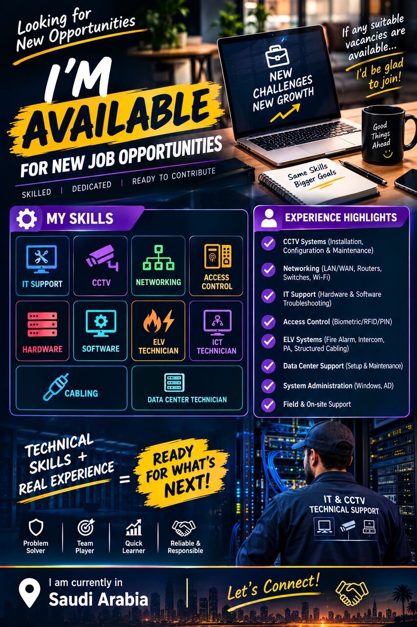 Riyadh, Job Seekers, IT Support & Cctv Technician 9+ Years Hand On Experience