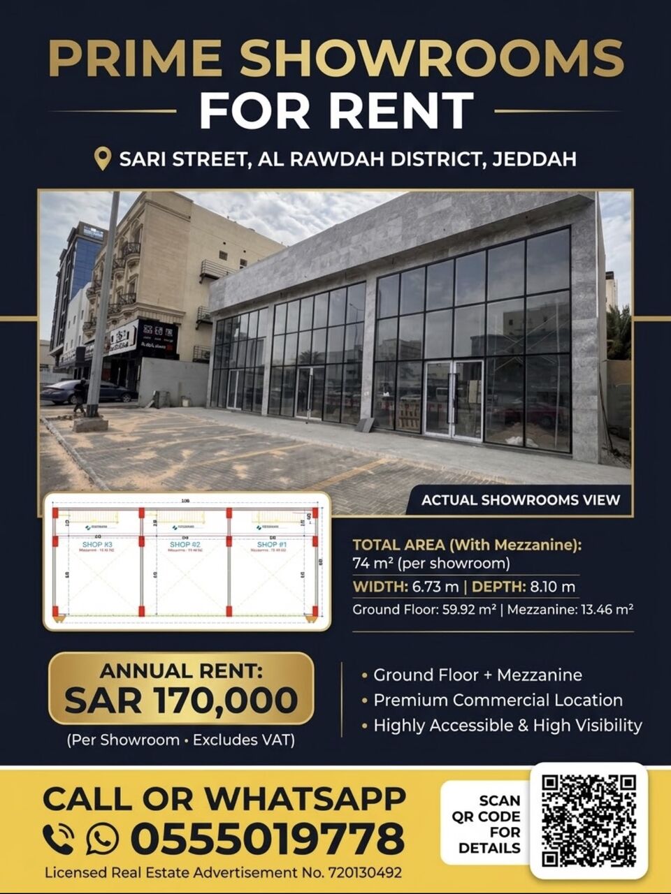 Al Rawdah, Shops, SAR 160000,  74 Sq. Meter,  SHOWROOMS FOR RENT - Jeddah